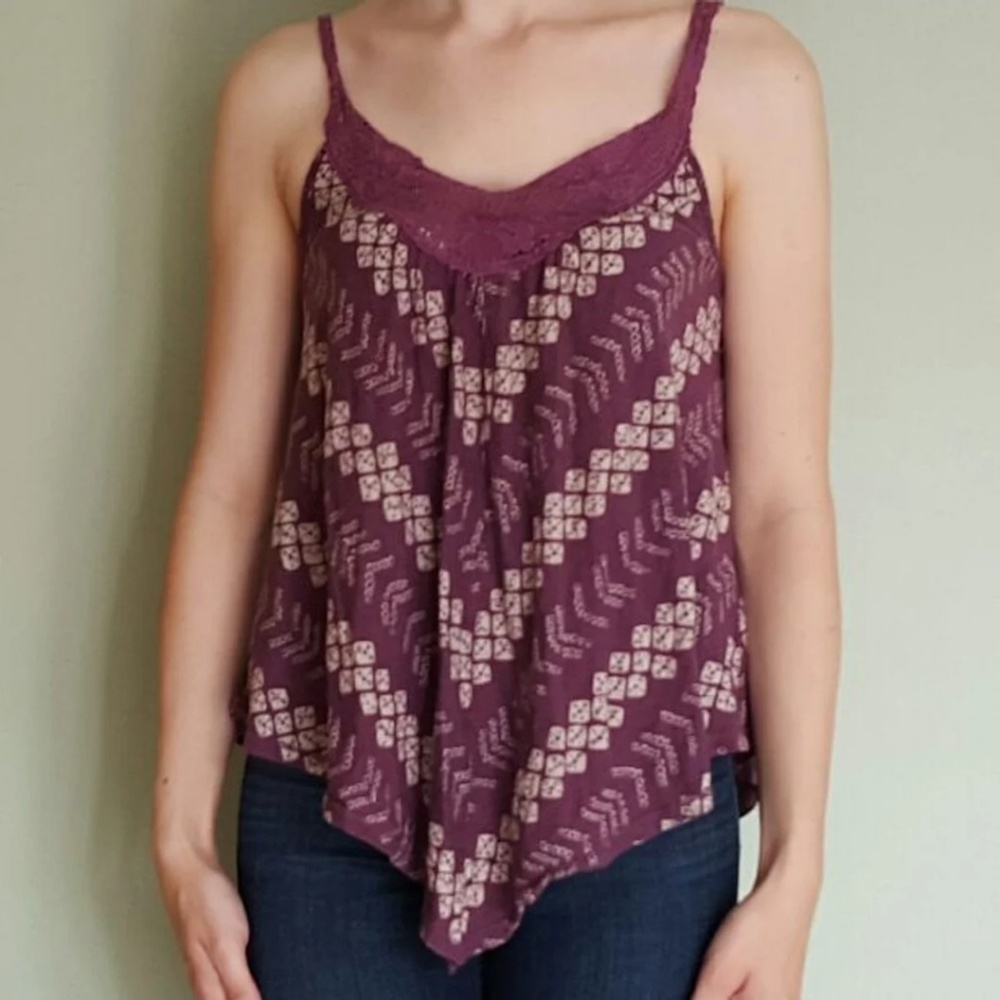 Purple American Eagle Printed Top With Crochet